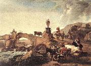 Nicolaes Pietersz. Berchem Italian Landscape with a Small Bridge oil painting reproduction